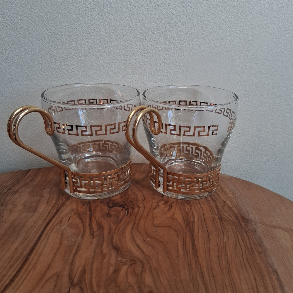 1960's Vintage Libbey Greek Key Punch Glasses With Gold Metal Handle Set Of 2